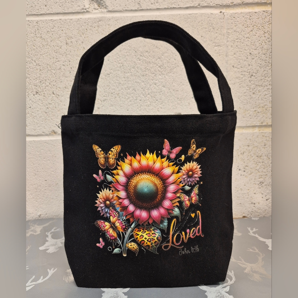 🎁🆓️ w/ Purchase black sunflower butterfly Loved Mini custom canvas Bag